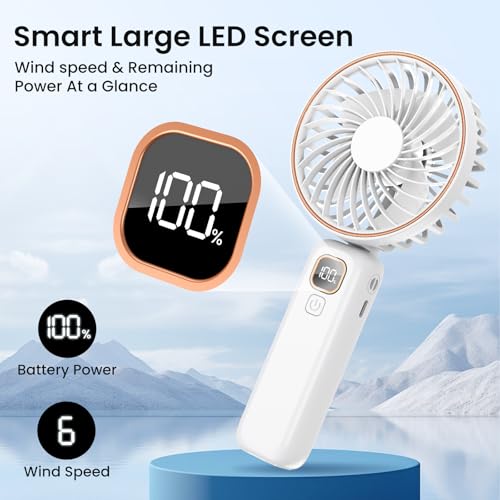 POIFL Hand Held Fan,Portable Handheld USB Rechargeable Fans with 5 Speeds,Battery Operated Mini Fan Foldable Desk Desktop Fans with LED Display for Home Office Bedroom Outdoor Travel