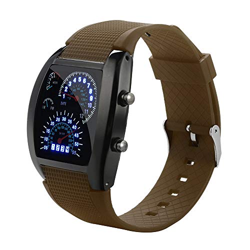 Alalaso Men's Fashion LED Light Flash Turbo Speedometer Sports Car Dial Meter Watch(Brown A)