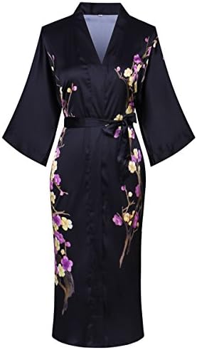 AIEM Women's Blossoms Printed Silk Satin Kimono Robe,Long