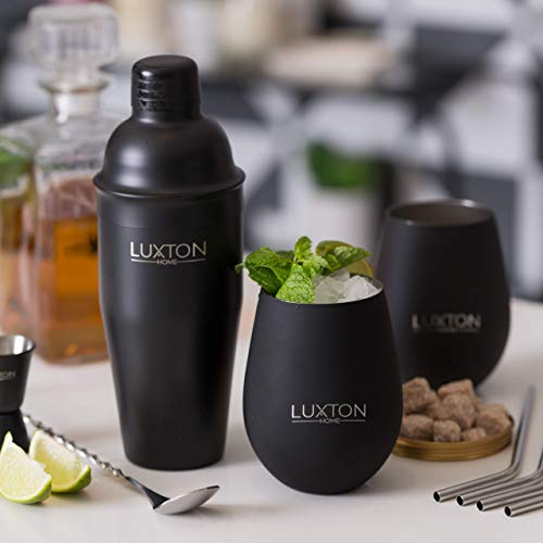 Luxton Home Ultimate Men's Gift Cocktail Shaker Set Matte Black - Plus 2 Cups & 4 Straws - Thumbnail 5