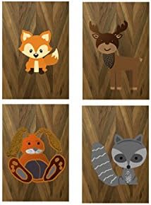 Woodland Nursery Art Animals Rustic Wood Country Baby Boy Gray Decor Raccoon Fox Rabbit Deer Wall ART Set of 4 Prints Woodland Decor