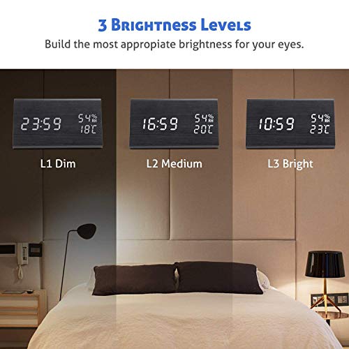 GEEKERS Wooden LED Clock with Triple Alarms, 3 Levels Brightness Dimmer, Big Digit Display Date, Temperature and Humidity for Home Bedrooms, Black - Thumbnail 4