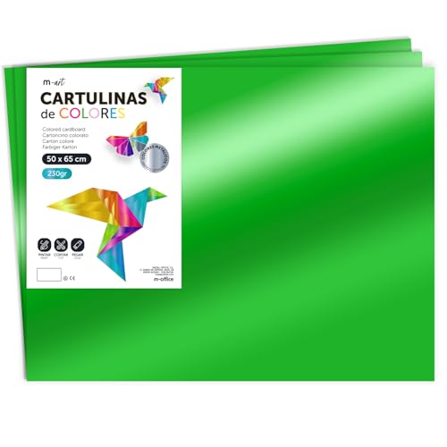 Cartoncino Colorato Metallizzato, Fogli Grandi 50x65 cm, Cartoncini 230g per Fai da Te, Progetti Creativi e Arte con Effetto Riflettente · m-office (125 fogli, verde)