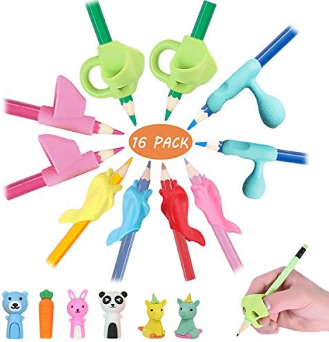 Pencil Grips, HAWOWZ 16 Pcs Pencil Grips for Kids Handwriting, Finger Grip Aid, Pen Gripper Ergonomic Pencil Holder Trainer, Posture Correction 3 Pencil Grip for Children Needs