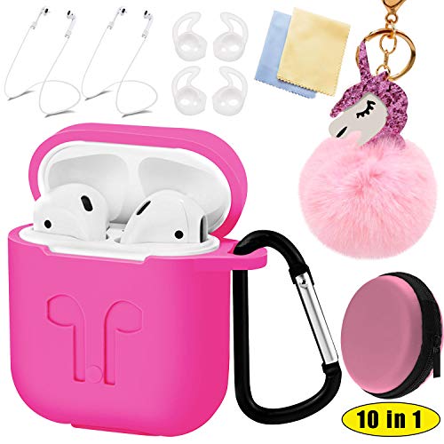 10 in 1 Apple Airpods Case Cover Accessories Kits – Protective Silicone Case Cover, Anti-Lost Carabiner, Strap, Cute Pom Poms Unicorn Keychain, Wireless Earbuds Hooks, Storage Box, Lens Cloth (Rosy)