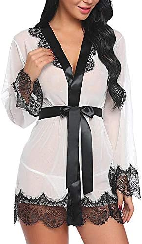 Women's Lace Kimono Robe Sheer Babydoll Lingerie Mesh Nightgown See Through Lace Chemise with G-String and Belt