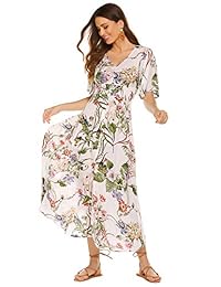Vestido largo de manga corta para mujer, estilo bohemio, estampado floral, cuello en V