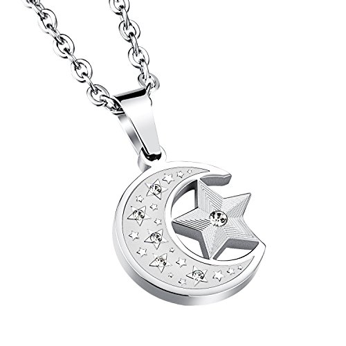 Men's Stainless Steel Islamic Charm Crescent Moon and Star Pendant Necklace Chain 20 inch