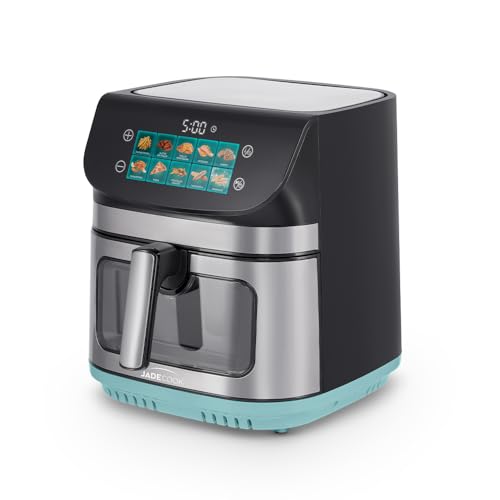 JadeCook Freidora de Aire con Ahumador de 9 Litros Pantalla Táctil Digital, 10 Programas Preestablecidos, Cesta Antiadherente con Ventana Transparente, Negro