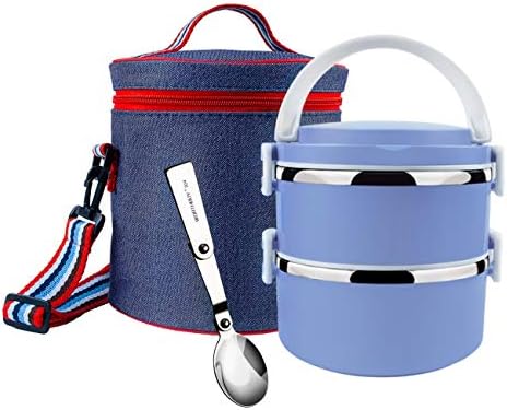 Stackable Bento Box Stainless Steel Thermal Lunch Box Leakproof Lunch Containers with Insulated Lunch Bag for Kids,Adults (2-Tier,Blue)