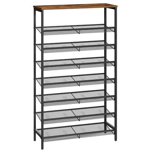 HOOBRO Vertical Shoe Racks for Entryway, 8 Tier Tall Shoe Storage Shelf for Small Space, Narrow Shoe Racks for Bedroom, Industrial Shoes Rack Organizer, 21-24 Pairs of Shoes, Rustic Brown EBF18XJ01