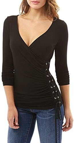 GUOYUJIANYI Women Sexy Wrap V-neck Ruffles Long Sleeve Slim Knit Top Medium Black