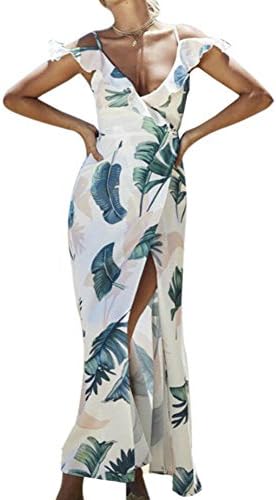 Women's Hawaiian Slit Maxi Dress,Alcylane Spahgetti Strap Tropical Leaf Print Ruffled Neckline Beach Maxi Dress