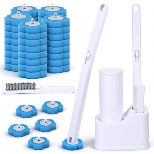 Seivunol Disposable Toilet Brush Set with 48 Disposable Replacement Heads and 1 Crevice Brush, Wall Brush with Long Handle and Holder for Toilet Cleaning Basin and Tub