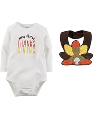 Unisex Baby Girls' Boys' First Thanksgiving Bodysuit with Turkey Bib Set