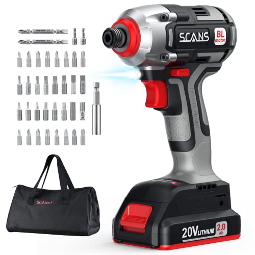 Cordless Impact Driver Set, SCANS 20V Brushless Impact Driver kit, 1550In.lb Max Torque, 2500RPM, 1/4