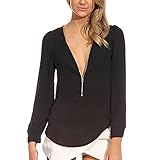 BAISHENGGT Women's Long Sleeve V Neck Zipper Sexy Chiffon Pullover T-shirt Blouse