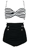 Cocoship Black & White Stripe High Waisted Bikini Buttons Vintage Bathing Suit Ruched Swimwear L(FBA)