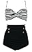 COCOSHIP Black & White Stripe High Waisted Bikini Buttons Vintage Bathing Suit Ruched Swimwear L(FBA)