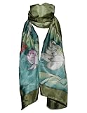 Hand-Painted 100% Silk Lightweight and Breathable Scarf - Dragonfly Lotus Flowers on Grey Green