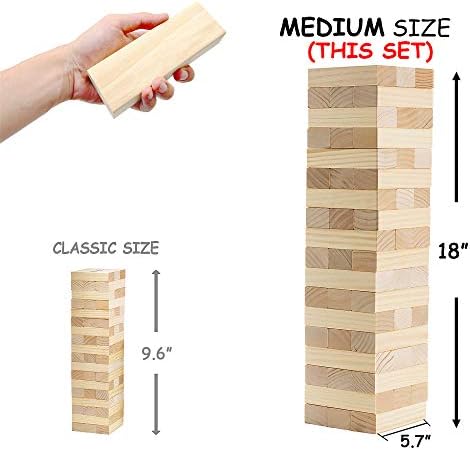 Stacked blocks tower with a player piece, rules, and case, measuring inches, priced between $28.99 and $32.99.