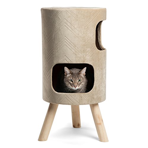 Modern Kitty Handcrafted Cat Tower w/ Scratching Surface in Hiro, Wheat, 13