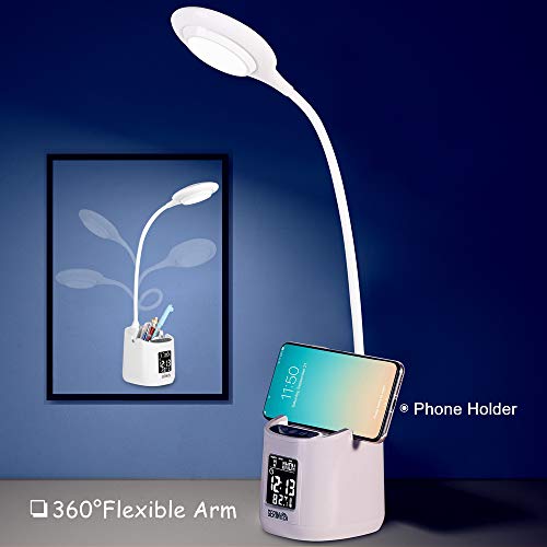 GERINTECH LED Desk Lamp with Clock, Battery Operated Table Lamp with Pen Holder for Kids Dorm