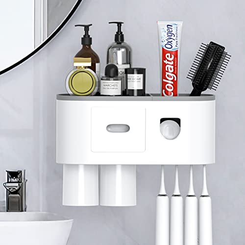 Toothbrush Holder Wall Mounted for Bathrooms, LJ KuKu Lady Toothbrush and Automatic Toothpaste Dispenser Squeezer, with 2 Magnetic Cups, 4 Organizer Slots, Drawer Storage Tray