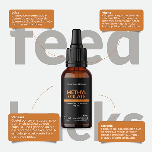 Vitamina B9 Metilfolato em Gotas Sublingual 30 mL ELLYM NUTRITION Sabor Laranja O Ácido Fólico Auxilia na Formação do Tubo Neural do Feto Durante a Gravidez (30 mL)