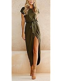 Yidarton Maxi vestido largo casual de manga corta, con tajo, color sólido, fiesta verano, para dama