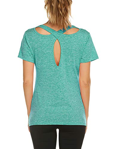 Women’s Short Sleeve Yoga Tops Activewear Running Workouts T-Shirt Cross Back Sports Shirts Women Yoga Shirt S-XXL Green