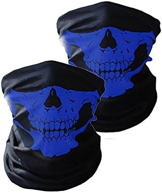 DAMINFE Skull Face Shield Mask 2 Pieces For Motorcycle, Breathable Multifunction Protective Tube Neck Warmer Scarf Soft Headwear Bandanna For Women and Men (Blue)
