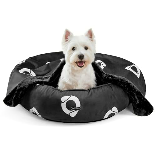 PETNOVO Cama para Perros y Gatos de Interior con Manta Integrada, Cama Desenfundable y Lavable con Base Antideslizante, Cama Suave y Envolvente para Perros y Gatos Pequeños y Medianos, 70 cm, Negro