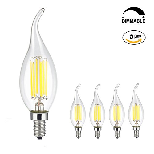 Acidea 6W Dimmable LED Filament Candle Light Bulb, 6000K Daylight (Cool White) 600LM, E12 Candelabra Base Lamp, C35 Flame Shape Bent Tip, 60W Incandescent Equivalent, 5Pack