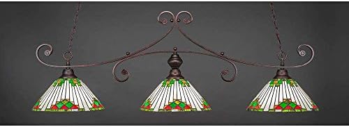 Toltec Curl 3 Light Bar in Bronze with 15" Green Sunray Tiffany Glass