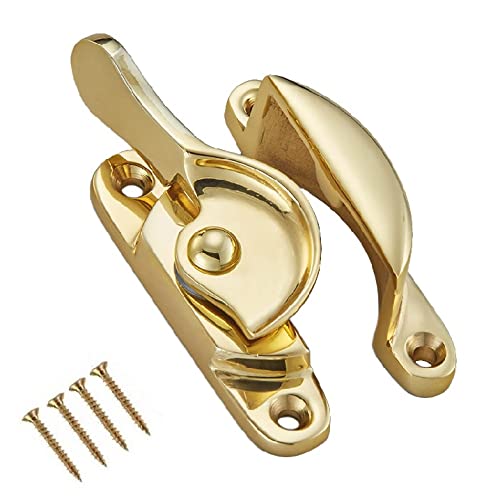 TERF® Traditional Vintage Polished Brass Sash Window Lock Catch Latch Fitch Fastener With Fixing Screws For Wood Aluminium UPVC Vinyl Frames - Pack of 1