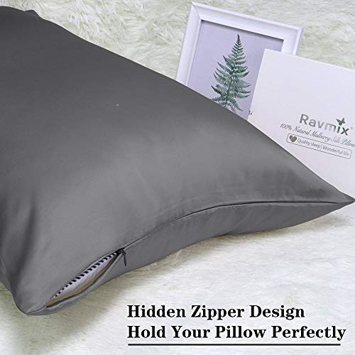 Ravmix 100% Pure Natural Silk Pillowcase for Hair and Skin with Hidden Zipper Queen Size 21 Momme 600TC Hypoallergenic Soft Breathable Both Sides Silk, 20×30inches, 1PCS, Space Gray - Thumbnail 4
