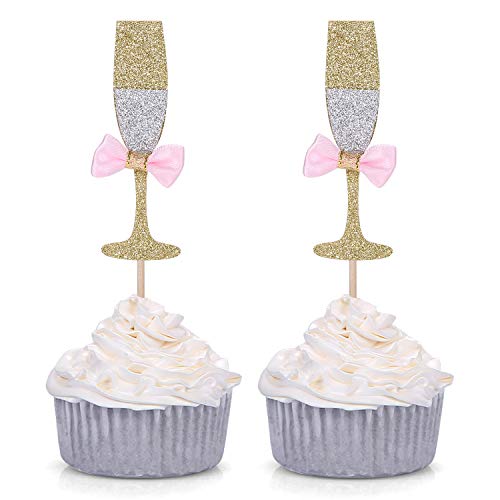 Pack of 10 Gold and Pink Champagne Glass Cupcake Toppers For New years party Cake Decorations