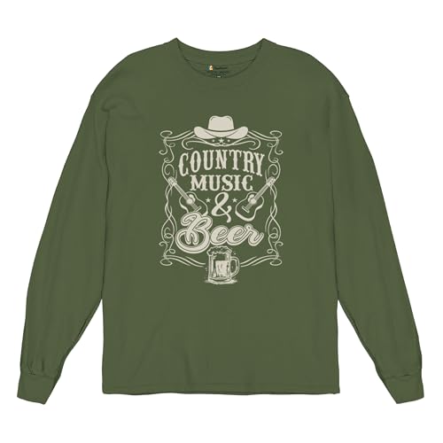 Country Music and Beer Long Sleeve T-Shirt Western Guitar Foamy Beer Mug Lover Humor Craft Brewery Octoberfest Lager Military Green Small at Amazon