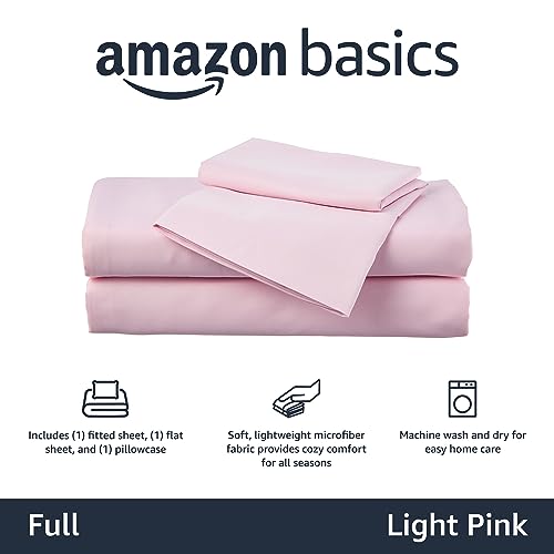 Amazon Basics Kid's Soft Easy-Wash Lightweight Microfiber 4-Piece Sheet Set, Full, Light Pink, Solid