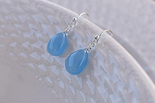 Light Sky Blue Chalcedony Sterling Silver Gemstone Teardrop Earrings - Gift For Women Her Mom