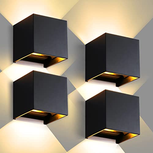 CANMEIJIA Set of 4 LED Outdoor Indoor Wall Lamps, 12 W Modern Black IP65 Outdoor Wall Lamp, 3000 K Angle Adjustment for Hallway Bedroom