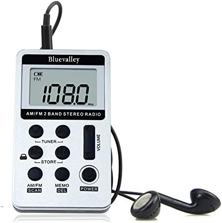 Bluevalley Pocket Portable AM FM Radio with Earphone, Digital Tuning Little Stereo Radios for Walk/ Jogging/Gym/Camping, Best Reception, Rechargeable Battery Operated, Aux Out (Silver)