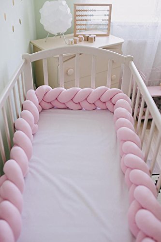 LOAOL Baby Crib Bumper Knotted Braided Plush Nursery Cradle Decor Newborn Gift Pillow Cushion Junior Bed Sleep Bumper (3 Meters, Pink)