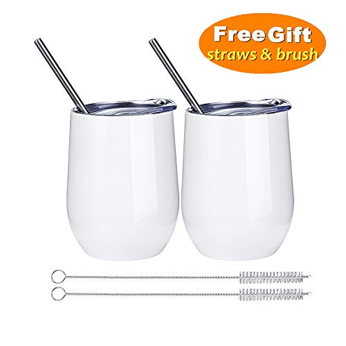 2 Pack 12 oz Wine Tumbler with Lids, Double Wall Vacuum Insulated Stainless Steel Stemless Wine Glass, Travel Coffee Mug Cup for Wine, Drinks, Champagne, Cocktails (Include Straws & Brush) (White)