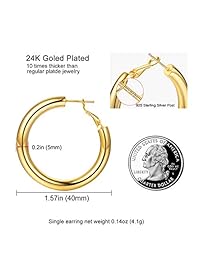 Pendientes de aro chapados en oro de 24 quilates, postes de plata de ley 925 de 0.197 in de grosor, muy ligeros, para mujeres y niñas