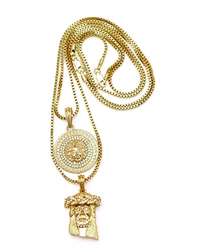 2 PIECE GOLD TONE MEDUSA & JESUS MICRO PENDANT SET W/ BOX CHAIN RC192G