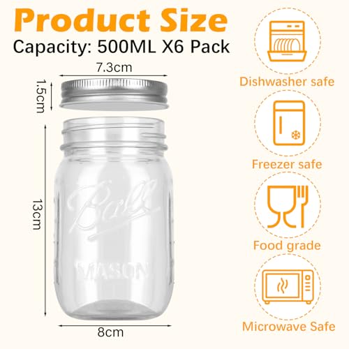 Withosent 500 ml Preserving Jars with Screw Lids, Pack of 6 Mason Jar Jars, Airtight Jam Jars for Overnight Oats, Preservation, Pickles, Honey, Yogurt, Nuts, Sweets
