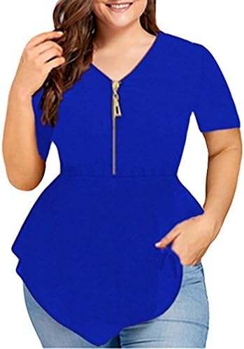 Gillberry Women's Plus Size Zipper Up V Neck Short Sleeve T-Shirt Casual Blouse Tunic Tops