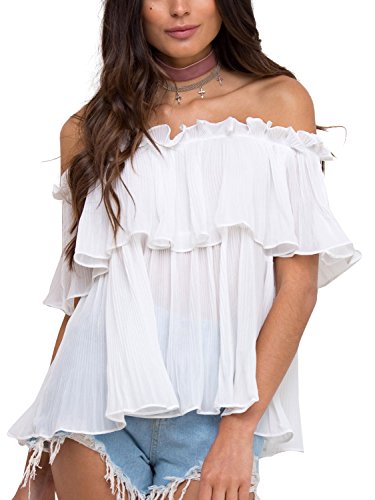 Simplee Apparel Women's Casual Off Shoulder Ruffle Sheer Chiffon Top Blouse Shirt White